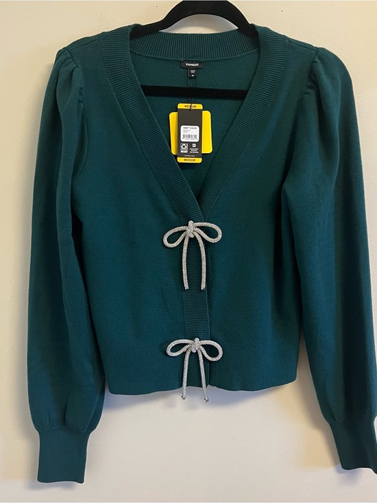 Express Sweaters - Express Womens Cardigan Medium Green V-Neck Knit Rhinestone Bow New With Tags